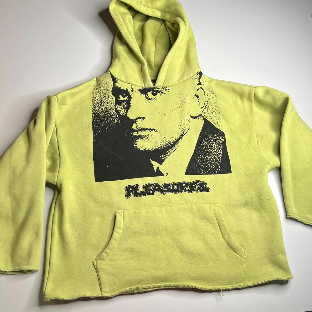 Pleasures Backbone Hoodie Men’s Large Green Graphic‎ Pullover Raw Hem Streetwear